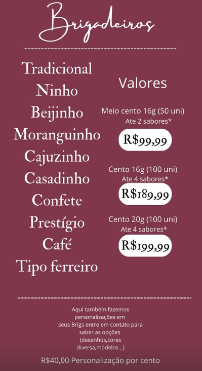 Cardápio Brigadeiros
